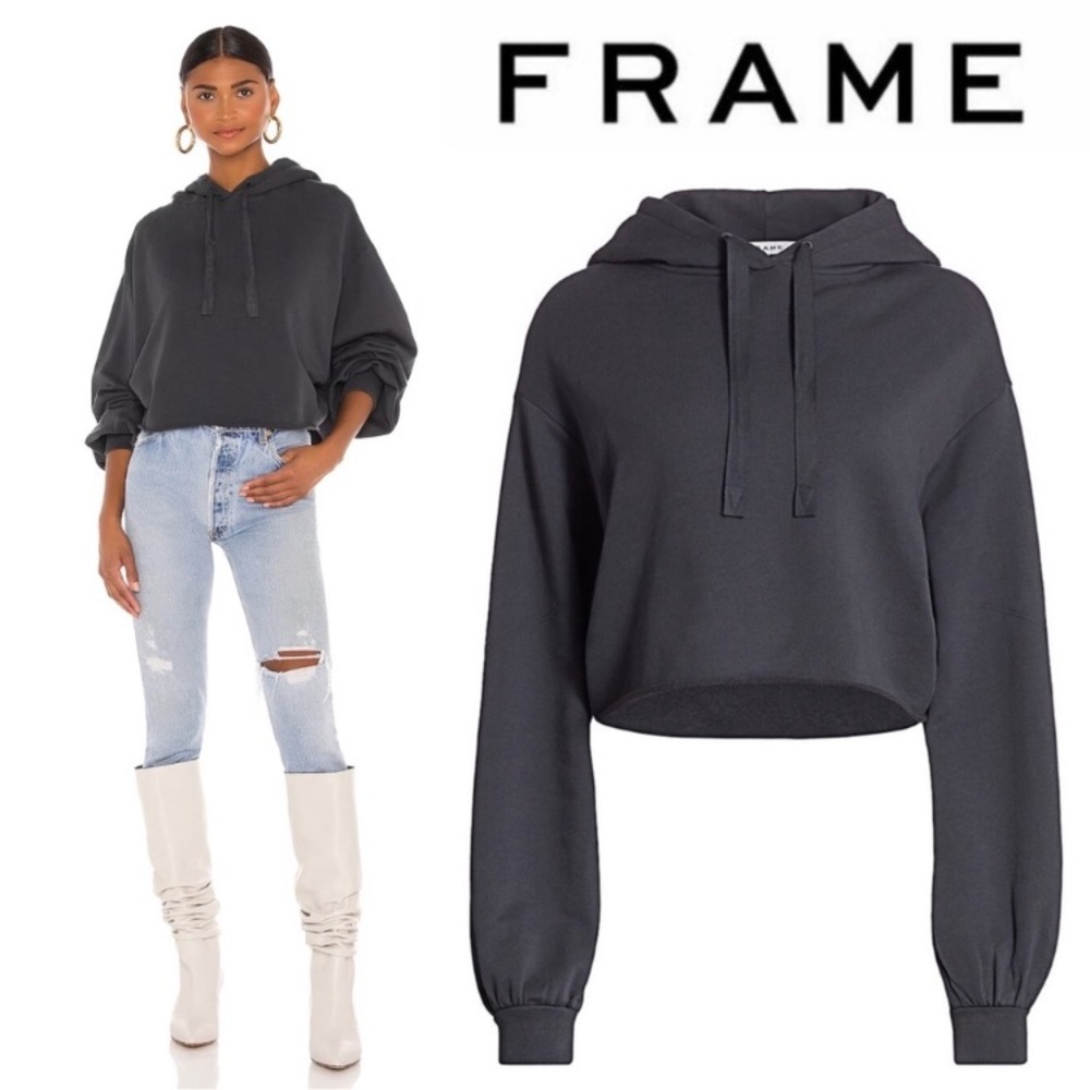 FRAME Crop Easy Hoodie Faded Noir Oversized Slouchy Pima Cotton Minimalist L